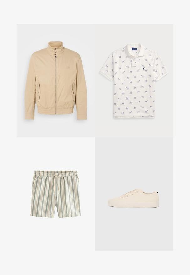 Jachetă ușoară bej, cu guler înalt, fermoar frontal, buzunare laterale și manșete elastice. Material texturat cu un luciu subtil.; Tricou polo alb din bumbac, cu un model repetat de câini albaștri și un mic logo albastru pe piept. Mâneci scurte și guler.; Pantaloni scurți dungate, având linii verticale în bej deschis, albastru pal și gri moale. Brâu elastic cu șnur; material ușor.; Tenisi din pânză bej cu vârf rotund, talpă plată din cauciuc și șireturi în față. Au un design minimalist și un accent contrastant negru la călcâi.