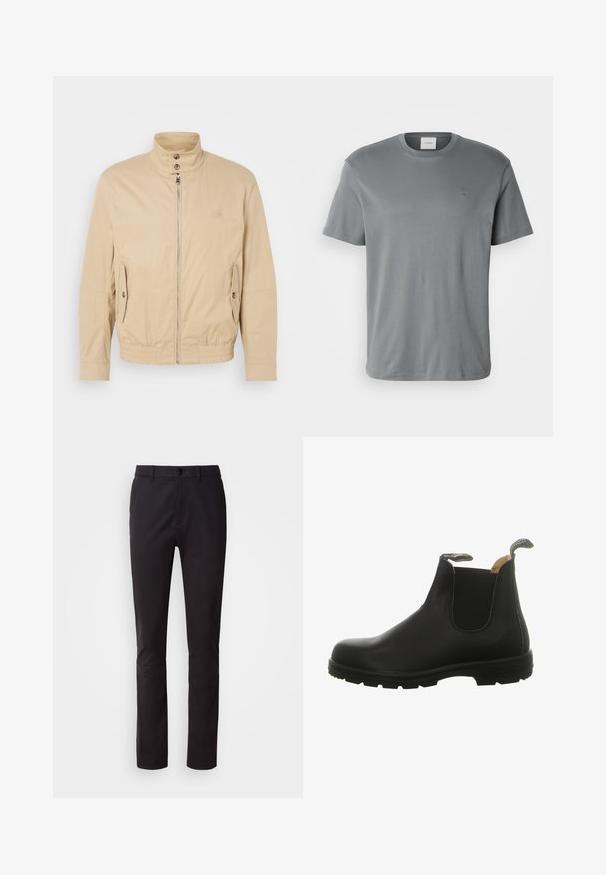 Beige, könnyű dzseki magas gallérral, elülső cipzárral, oldalsó zsebekkel és elastikus mandzsettákkal. Struktúrált anyag finom fényességgel.; Szürke pamut póló kerek nyakkivágással és rövid ujjakkal. A mellkasán egy kicsi, hímzett logó található, valamint varrás nélküli szélek.; Fekete nadrág sima anyagból, gombos záródással, normál derékkal és egyenes szabású lábszárral. Nincsenek látható minták vagy díszítések.; Fekete bőr Chelsea csizma, elasztikus oldalsó panelekkel, lekerekített orral és strapabíró gumi talppal, hátul húzófüllel a könnyű felvétel érdekében.