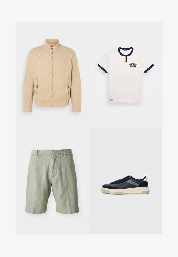 Beige leichte Jacke mit hohem Kragen, vorderem Reißverschluss, seitlichen Taschen und elastischen Bündchen. Texturiertes Material mit einem subtilen Glanz.; Weißes Baumwoll-T-Shirt mit marineblauem rundem Halsausschnitt und Akzenten an den Ärmeln. Verfügt über ein kleines Detail mit gelbem Knopf und gesticktem "NORTHEAST RL ATHL."; Hellgrüne Leinen-Shorts mit lockerer Passform, elastischem Bund und zwei vorderen Taschen. Glatte Textur mit lässigem Design.; BOSS BALTIMORE - Sneaker low - open blue