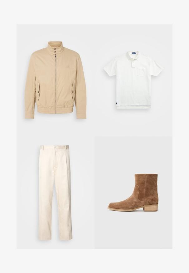 Bēša viegla jaka ar augstu apkakli, priekšējo rāvējslēdzēju, sānu kabatām un elastīgu aproču. Strukturēta auduma ar vieglu mirdzumu.; Balta polo krekls, izgatavots no kokvilnas, ar klasisku apkakli, trīs pogu aizdari un kreisajā krūtī kabatu; neliels logo apakšmalā.; Bežā krāsā auduma bikses ar taisnu kāju griezumu, pievienotām pogu aizdares un priekšējiem krokām papildu detaļām.; Brūni zamšādas potīšu zābaki ar nedaudz noapaļotu purngalu, zemu kaudzītē koka papēdi, elastīgām sānu paneļiem un gludām šuvēm gar šuvēm.