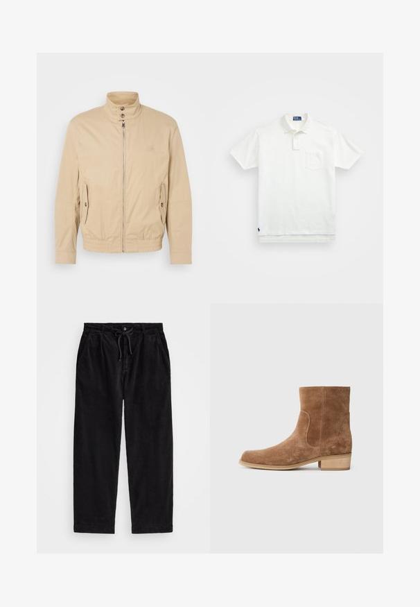 Beżowa lekka kurtka z wysokim kołnierzem, przednim zamkiem błyskawicznym, bocznymi kieszeniami i elastycznymi mankietami. Teksturowany materiał o subtelnym połysku.; Biała koszulka polo wykonana z bawełny, z klasycznym kołnierzykiem, trzema guzikami oraz kieszonką na lewym piersi; małe logo na dolnym brzegu.; Czarne spodnie z corduroy o luźnym kroju, z elastycznym pasem na sznurku i bocznymi kieszeniami. Tkanina ma prążkowaną teksturę.; Brązowe zamszowe botki za kostkę z lekko zaokrąglonym noskiem, niskim, drewnianym obcasem, elastycznymi bocznymi panelami oraz gładkimi przeszyciami wzdłuż szwów.