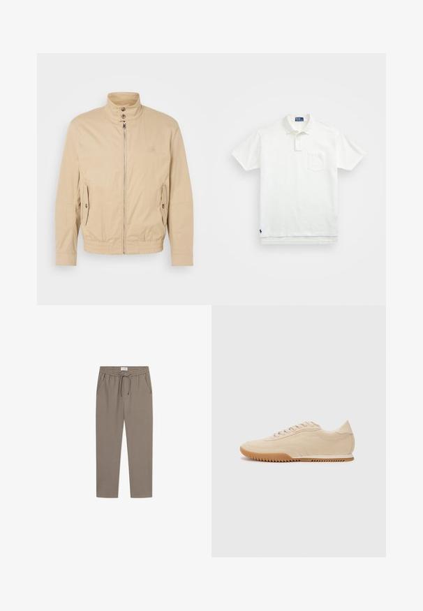 Bēša viegla jaka ar augstu apkakli, priekšējo rāvējslēdzēju, sānu kabatām un elastīgu aproču. Strukturēta auduma ar vieglu mirdzumu.; Balta polo krekls, izgatavots no kokvilnas, ar klasisku apkakli, trīs pogu aizdari un kreisajā krūtī kabatu; neliels logo apakšmalā.; Pelēki sporta bikses ar elastīgu jostu, auklu un sānu kabatām. Audums izskatās gluds ar brīvu piegriezumu un šaurām kājām.; Bežā zamša kedas ar plūstošu dizainu, kurām ir strukturēta virsma, noapaļota purngalu un gumijas zole ar zigzaga rakstu.