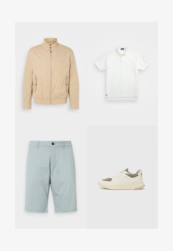 Bēša viegla jaka ar augstu apkakli, priekšējo rāvējslēdzēju, sānu kabatām un elastīgu aproču. Strukturēta auduma ar vieglu mirdzumu.; Balta polo krekls, izgatavots no kokvilnas, ar klasisku apkakli, trīs pogu aizdari un kreisajā krūtī kabatu; neliels logo apakšmalā.; Gaiši zili šorti, izgatavoti no gludas auduma ar plakanu priekšpusi, divām sānu kabatām un vienu pogu aizdari. Tīrs, izšūts dizains.; Baltas un gaiši bež sporta apavi, ar sieta augšdaļu, perforētiem detaļām un teksturētu vidusdaļu ar zīmolu uz papēža.