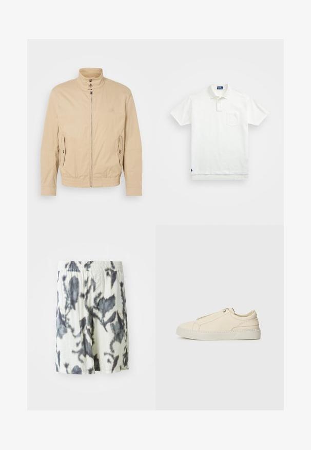 Beige lightweight jacket with high collar, front zipper, side pockets, and elastic cuffs. Textured fabric with a subtle sheen.; White polo shirt made of cotton, featuring a classic collar, three-button placket, and a left chest pocket; small logo at the hem.; White shorts with a black tie-dye pattern, featuring an elastic waistband and breathable fabric for comfort. Casual design with loose fit.; Beige leather sneaker with a rounded toe, minimalistic design, subtle stitching details, and a textured upper, on a light sole.