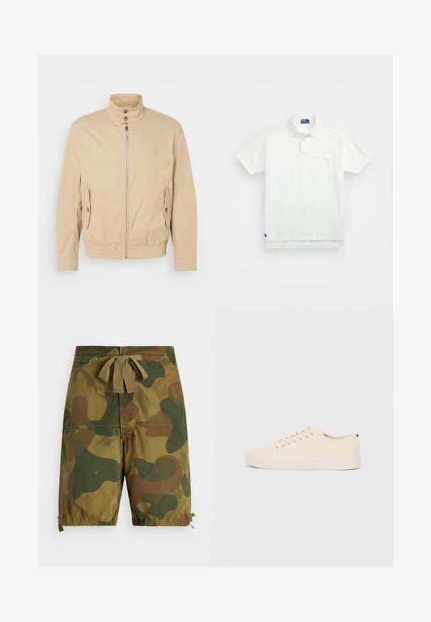 Jachetă ușoară bej, cu guler înalt, fermoar frontal, buzunare laterale și manșete elastice. Material texturat cu un luciu subtil.; Cămașă polo albă din bumbac, cu un guler clasic, placket cu trei nasturi și un buzunar pe pieptul stâng; logo mic pe tiv.; Pantaloni scurți de camuflaj în nuanțe de verde și maro, confecționați dintr-un material ușor, având un elastic în talie și detalii plisate la tiv.; Tenisi din pânză bej cu vârf rotund, talpă plată din cauciuc și șireturi în față. Au un design minimalist și un accent contrastant negru la călcâi.