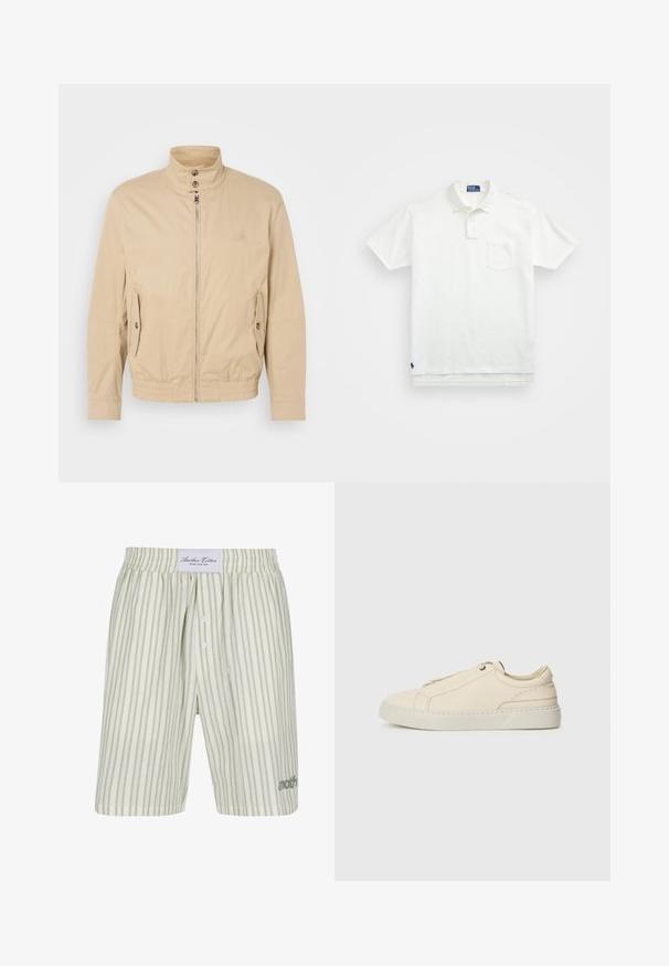 Beige, könnyű dzseki magas gallérral, elülső cipzárral, oldalsó zsebekkel és elastikus mandzsettákkal. Struktúrált anyag finom fényességgel.; Fehér pólóing, pamutból készült, klasszikus gallérral, háromgombos végigfutóval és bal oldali zsebével; kis logó a szegélyen.; Világoszöld csíkozott pamut boxeralsó, állítható derékkal, elülső gombokkal és finom logórésszel a bal alsó oldalon.; Beige bőr sneaker, lekerekített orral, minimalista dizájnal, finom varrási részletekkel és texturált felsőrésszel, világos talpon.