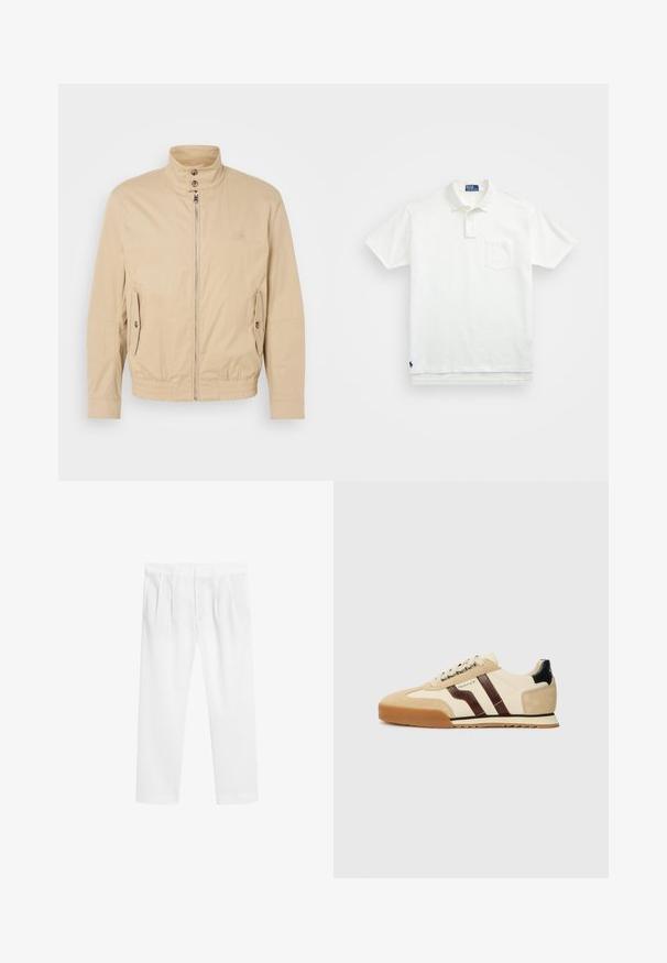 Giacca leggera beige con colletto alto, zip frontale, tasche laterali e polsini elastici. Tessuto texturizzato con una leggera lucentezza.; Polo bianco in cotone, con colletto classico, placca con tre bottoni e taschino sul lato sinistro del petto; piccolo logo sull'orlo.; Pantaloni bianchi leggeri con una vestibilità rilassata. Caratterizzati da una vita elastica, fronte piatto e tasche laterali. Texture liscia, gambe dritte.; GANT BAYLLE - Sneakers basse - sand