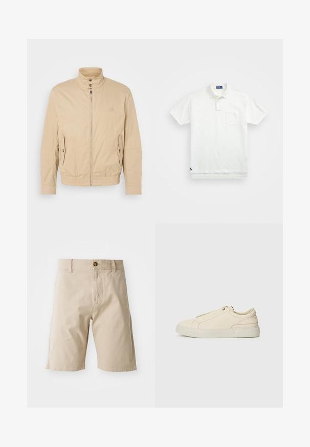 Šviesiai rudas lengvas paltas su aukštu apykakle, priekyje užtrauktuku, šoninėmis kišenėmis ir elastiniais rankogaliais. Textūruotas audinys su subtiliu blizgesiu.; Balta polo marškiniai pagaminti iš medvilnės, su klasikiniais kraštais, trijų mygtukų sprandeliu ir kairiuoju krūtinės kišeniu; mažas logotipas apačioje.; Smėlio spalvos medvilniniai šortai su mygtuko uždarymu, diržo kilpomis ir šoninėmis kišenėmis; lygi tekstūra ir tiesi siluetas.; Kreminio odos sportbačiai su apvaliu nosiu, minimalistiniu dizainu, subtiliomis siuvimo detalėmis ir tekstūrine viršutine dalimi, ant šviesios pado.