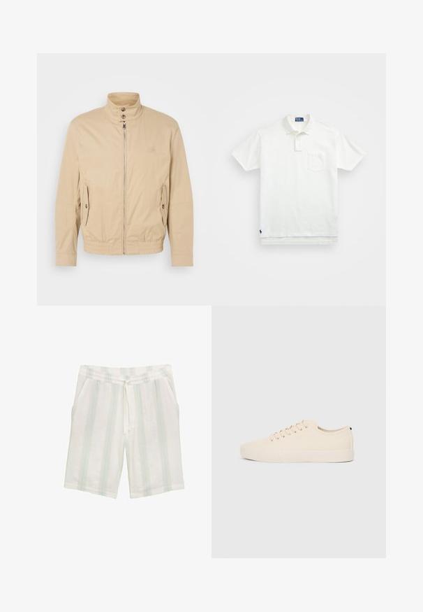 Veste légère beige avec col montant, fermeture éclair à l'avant, poches latérales et poignets élastiques. Tissu texturé avec un léger brillant.; Polo shirt blanc en coton, avec un col classique, une patte de boutonnage à trois boutons et une poche sur la poitrine à gauche ; petit logo en bas.; Shorts blancs en tissu léger avec des rayures verticales bleu clair et vert, dotés d'une taille élastique et de poches latérales.; Baskets en toile beige avec bout arrondi, semelle en caoutchouc plate et lacets à l'avant. Présente un design minimaliste et un accent noir contrastant au niveau du talon.