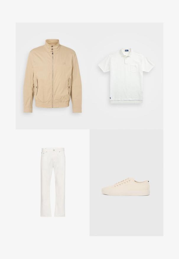 Beige, könnyű dzseki magas gallérral, elülső cipzárral, oldalsó zsebekkel és elastikus mandzsettákkal. Struktúrált anyag finom fényességgel.; Fehér pólóing, pamutból készült, klasszikus gallérral, háromgombos végigfutóval és bal oldali zsebével; kis logó a szegélyen.; Fehér farmernadrág egyenes szabással, öt zsebbel és látható varrással. Gombos záródással és övhurkokkal rendelkezik.; Beige vászon sportcipők, kerek orral, lapos gumi talppal és fűzős elejével. Minimális dizájnnal rendelkezik, és kontrasztos fekete akcentussal a saroknál.