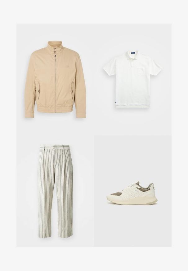 Šviesiai rudas lengvas paltas su aukštu apykakle, priekyje užtrauktuku, šoninėmis kišenėmis ir elastiniais rankogaliais. Textūruotas audinys su subtiliu blizgesiu.; Balta polo marškiniai pagaminti iš medvilnės, su klasikiniais kraštais, trijų mygtukų sprandeliu ir kairiuoju krūtinės kišeniu; mažas logotipas apačioje.; Baltos dryžuotos kelnės, pagamintos iš lengvos medžiagos, su laisvu siluetu, klostėmis ir juosmeniu su diržo kilpomis. Vertikalūs tamsiai mėlyni dryžiai.; Baltas ir šviesiai bežinis sportinis kedas, su tinklo viršumi, perforuotais detalėmis ir tekstūruotu tarpine su logotipu ant kulno.