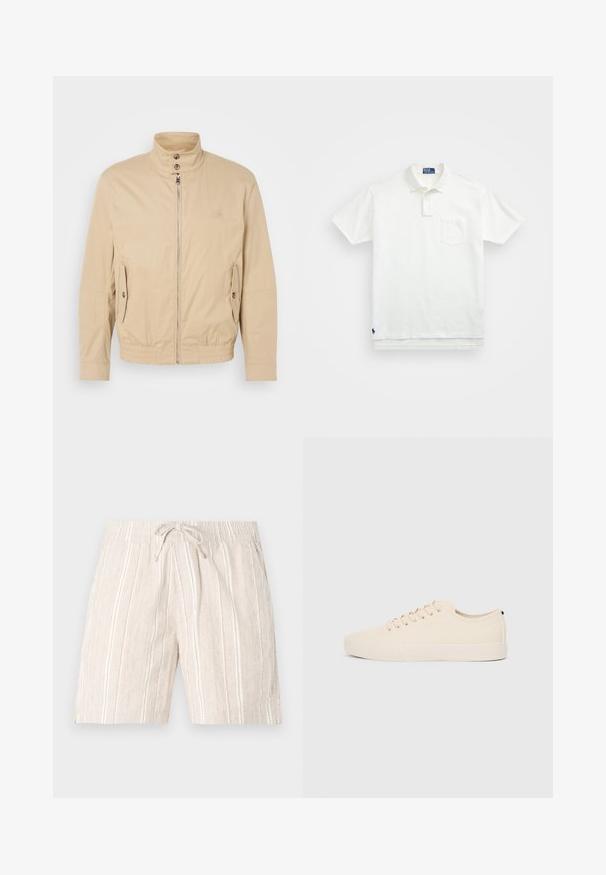 Beige lightweight jacket with high collar, front zipper, side pockets, and elastic cuffs. Textured fabric with a subtle sheen.; White polo shirt made of cotton, featuring a classic collar, three-button placket, and a left chest pocket; small logo at the hem.; Beige drawstring shorts with a textured fabric, featuring vertical white stripes. Elastic waistband for comfort.; Beige canvas sneakers with round toe, flat rubber sole, and lace-up front. Features minimal design and a contrasting black accent at the heel.