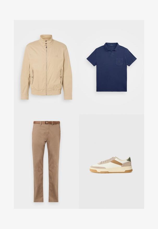 Beige lightweight jacket with high collar, front zipper, side pockets, and elastic cuffs. Textured fabric with a subtle sheen.; Navy blue polo shirt featuring a short collar, a chest pocket, and an embroidered logo. Made from a soft, textured fabric.; Beige cotton chinos with a straight fit, featuring a brown leather belt, two front pockets, and a smooth texture.; Sneakers in beige, cream, and olive green, featuring suede and leather materials, a round toe, minimalistic design, and a rubber sole.