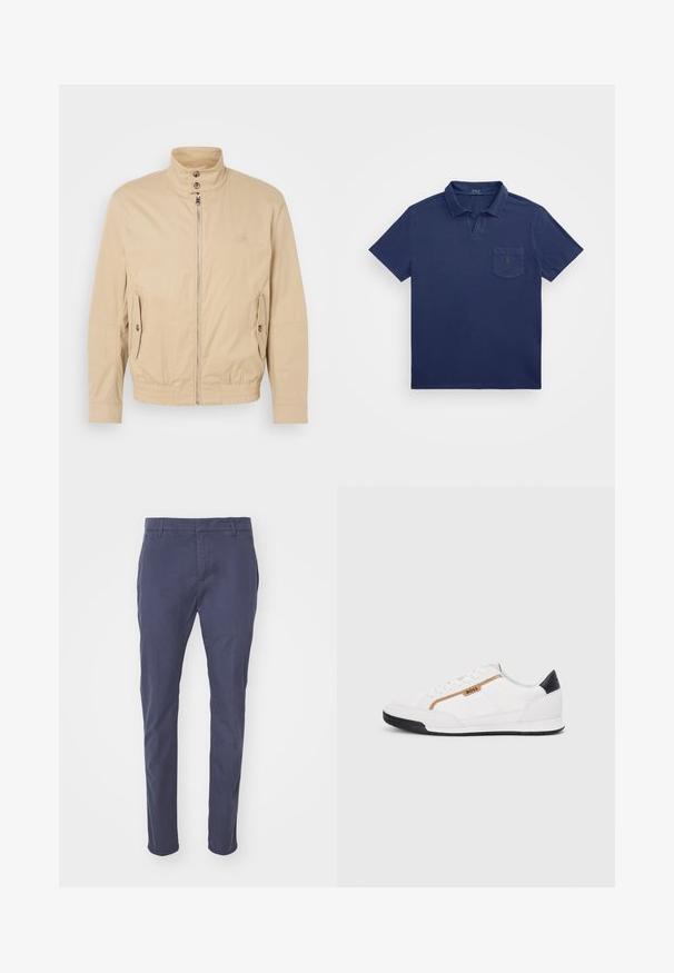 Beige lightweight jacket with high collar, front zipper, side pockets, and elastic cuffs. Textured fabric with a subtle sheen.; Navy blue polo shirt featuring a short collar, a chest pocket, and an embroidered logo. Made from a soft, textured fabric.; Navy trousers with a slim fit, constructed from lightweight cotton. Features belt loops, side pockets, and a smooth finish.; White athletic shoes with mesh and leather accents. Features a gold "BOSS" logo, textured side panels, and a black heel cap. Rubber sole.