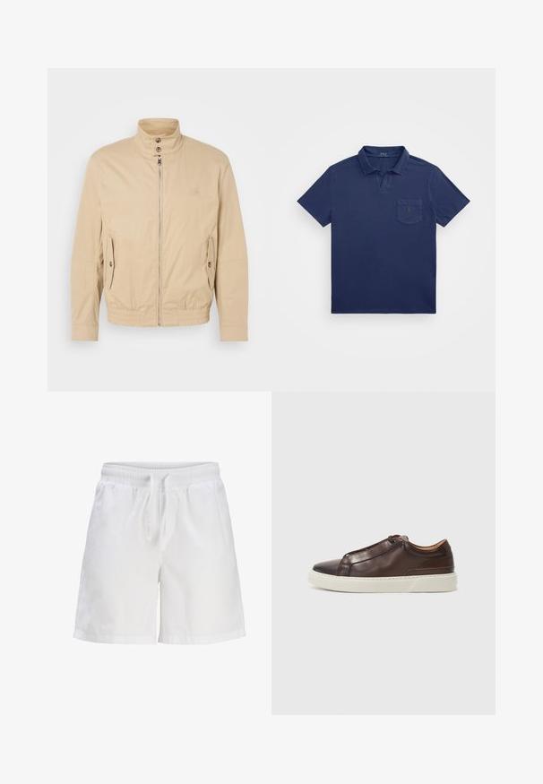 Jachetă ușoară bej, cu guler înalt, fermoar frontal, buzunare laterale și manșete elastice. Material texturat cu un luciu subtil.; Poncho de culoare bleumarin, cu guler scurt, o ușa pentru piept și un logo brodat. Fabricat dintr-un material moale, texturat.; Shorts din bumbac alb cu un brâu elastic și șnur de ajustare. Prezintă o croială relaxată și buzunare laterale.; Sneaker din piele maro cu vârf rotund, talpă din cauciuc alb contrastant, detalii cusute și fără șireturi vizibile. Textură netedă în general.
