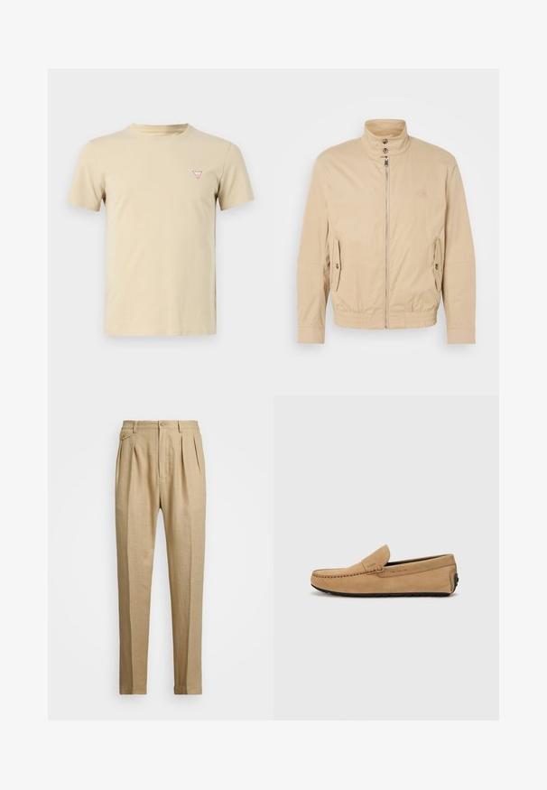Beige, könnyű dzseki magas gallérral, elülső cipzárral, oldalsó zsebekkel és elastikus mandzsettákkal. Struktúrált anyag finom fényességgel.; Beige pamut póló kerek nyakkivágással, rövid ujjakkal és egy kis piros háromszög logóval a bal mellen. Egyszerű dizájn, puha tapintás.; Beige vászon nadrág egyenes szabással, két első redővel, gombos záródással és oldalzsebekkel. Tömör textúrájú anyag sima felülettel.; Beige színű nubuk mokaszin cipő, varrott orral, slip-on kialakítással és fekete gumitalppal. Diszkrét logó található az oldalon.
