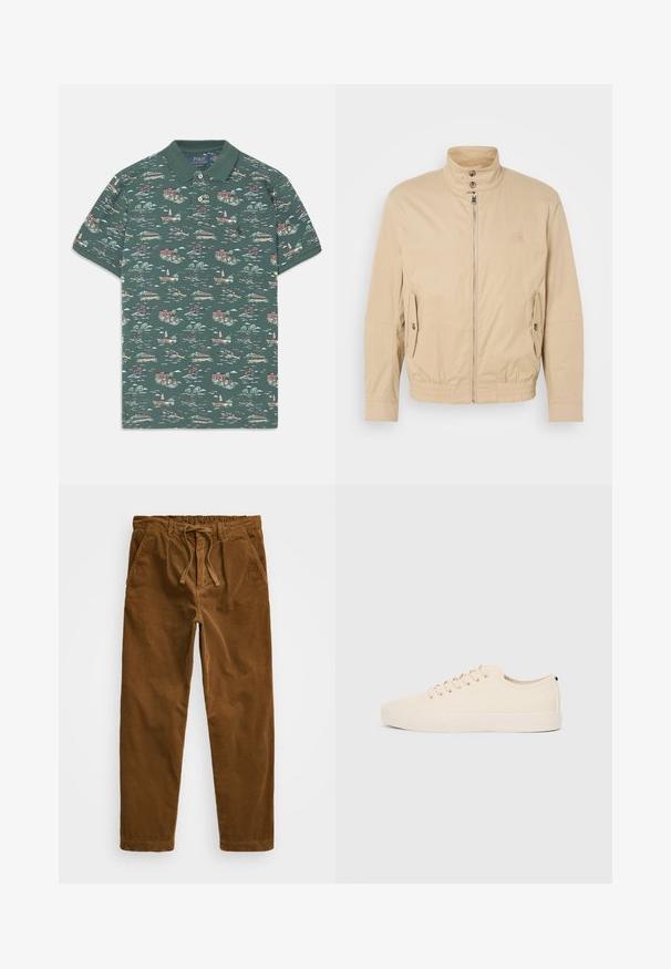 Beige lett jakke med høy krage, glidelås foran, sidelommer og elastiske mansjetter. Teksturert stoff med en subtil glans.; Kortermet polo i mørkegrønn bomull med et naturskjønt trykk av hus, båter og trær; har en treknapps placket og en ribbet krage.; Brune cordfløyelsbukser med elastisk midje og snøring, sidelommer og rette ben med strukturert ribbing.; Beige lerretsko med rund tå, flat gummisåle og snøring foran. Har et minimalistisk design og en kontrasterende svart detalj ved hælen.