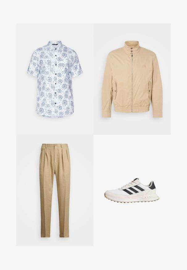 Beige leichte Jacke mit hohem Kragen, vorderem Reißverschluss, seitlichen Taschen und elastischen Bündchen. Texturiertes Material mit einem subtilen Glanz.; Kurzarmhemd aus hellblauem Stoff mit floralem und kreisförmigem Muster, durchgehender Knopfleiste und spitzem Kragen.; Beige Leinenhose mit geradem Schnitt, ausgestattet mit zwei vorderen Falten, einem Knopfverschluss und seitlichen Taschen. Strukturierter Stoff mit glatter Oberfläche.; Weiße Sport Schuhe mit schwarzen Streifen, ausgestattet mit einer strukturierten Gummisohle, einem glatten Lederoberteil und einem gepolsterten Kragen für zusätzlichen Halt.