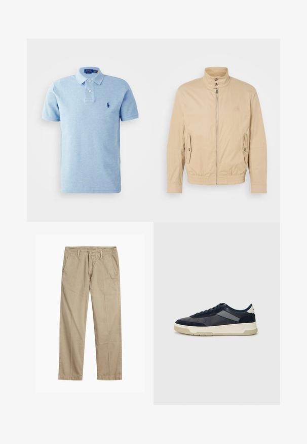 Béžová lehká bunda s vysokým límcem, předním zipem, bočními kapsami a elastickými manžetami. Texturovaná tkanina s jemným leskem.; Světle modrá polo tričko vyrobené z měkké tkaniny, s příplatkem na tři knoflíky a malým tmavě modrým logem na levém prsu.; Beige rovné chino kalhoty s poutky na opasek, zapínáním na přední knoflík a zip, a šikmými předními kapsami.; BOSS BALTIMORE - Tenisky - open blue