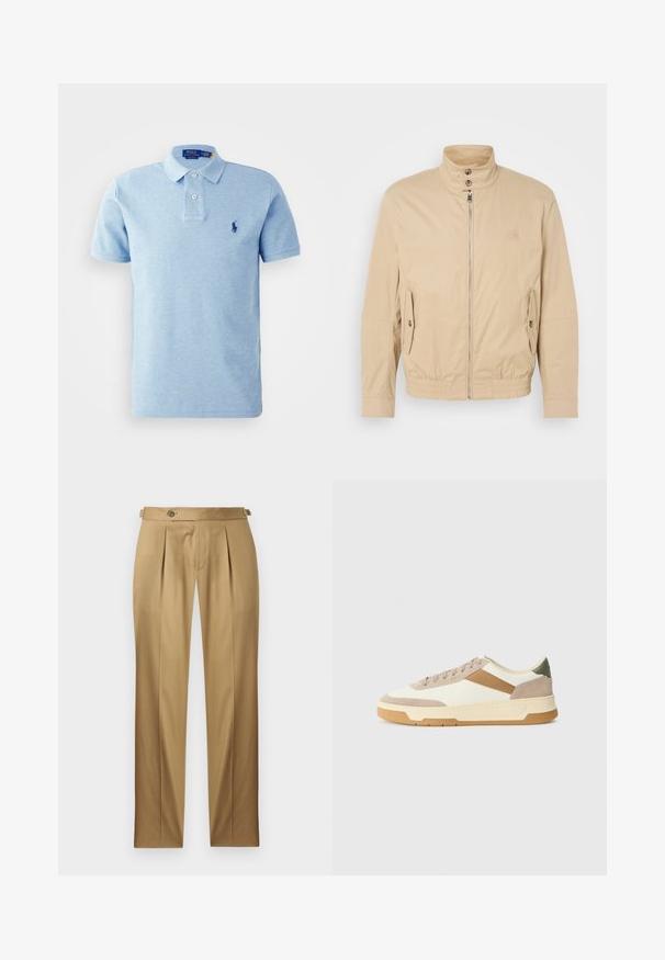 Beige lett jakke med høy krage, glidelås foran, sidelommer og elastiske mansjetter. Teksturert stoff med en subtil glans.; Lyseblå polo skjorte laget av mykt stoff, med en tre-knapps krage og en liten mørkeblå logo på venstre bryst.; Beige bukser med rett passform, med folder, knappestenging og beltehemper. Glatt stoff med et rent, skreddersydd utseende.; Sneakers i beige, krem og oliven grønn, med semsket skinn og lærmaterialer, rund tå, minimalistisk design og gummisåle.