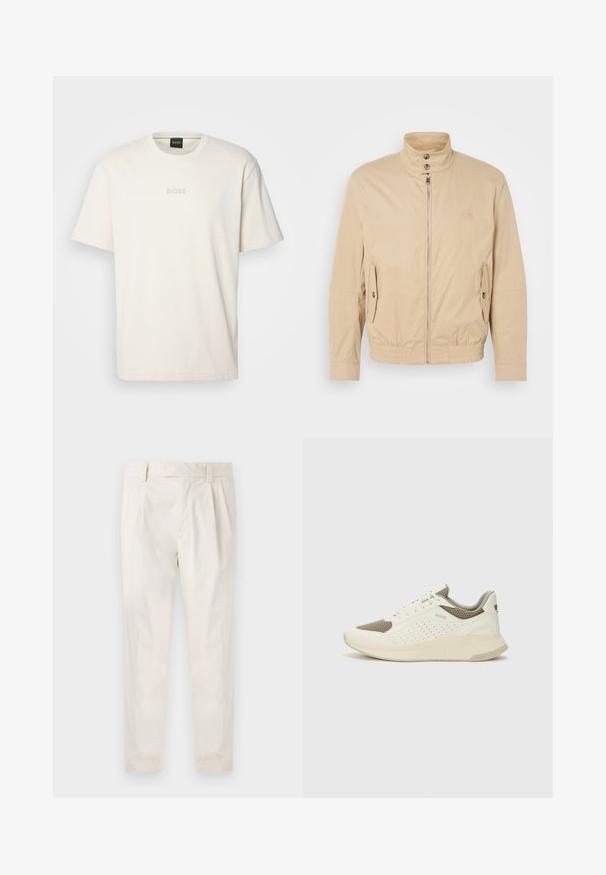 Beżowa lekka kurtka z wysokim kołnierzem, przednim zamkiem błyskawicznym, bocznymi kieszeniami i elastycznymi mankietami. Teksturowany materiał o subtelnym połysku.; BOSS - T-shirt basic; Białe, plisowane spodnie o dopasowanym kroju, z gładką fakturą, szlufkami na pasek i zwężanymi nogawkami. Brak widocznych kieszeni lub wzorów.; Białe i jasnobeżowe sneakersy sportowe, z siateczkową cholewką, perforowanymi detalami oraz teksturowaną podeszwą śródstopia z brandingiem na pięcie.