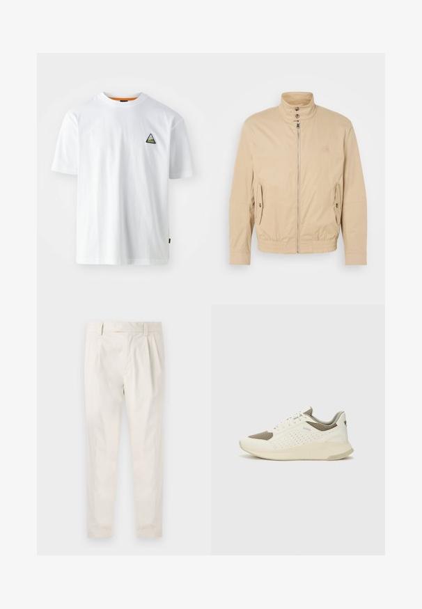 Bēša viegla jaka ar augstu apkakli, priekšējo rāvējslēdzēju, sānu kabatām un elastīgu aproču. Strukturēta auduma ar vieglu mirdzumu.; Balts kokvilnas T-krekls ar apaļu kakla izgriezumu, īsām piedurknēm un zaļi melnu trīsstūra izšūtu logo kreisajā krūtīs.; Baltas, pleitēts bikses ar piegriezumu, kas pielāgots figūrai, ar gludu tekstūru, jostas cilpām un sašaurinātiem galiem. Nav redzamu kabatu vai rakstu.; Baltas un gaiši bež sporta apavi, ar sieta augšdaļu, perforētiem detaļām un teksturētu vidusdaļu ar zīmolu uz papēža.