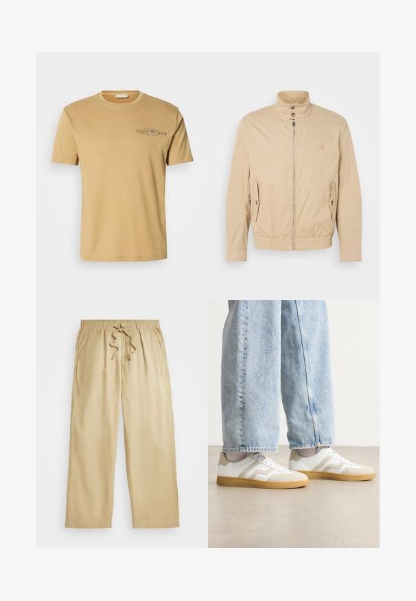 Beige kergest jakist kõrge kraega, ees lukuga, külgedel taskud ja elastsete mansettidega. Tekstuuriga kangas, millel on õrn kuma.; Kerge beež puuvillane T-särk ümmarguse kaelusega, lühikeste varrukatega ja prinditud logoga, millel on rinnal tume sinine "GANT 1949".; Beezid joontega püksid elastse vöökohtaga, laiad sääred, kaks küljetaskut ja õmmeldud äärekesega. Pehme, kergesti hingav materjal.; Valged tenniset jalatsid beeži nubukaktsentide ja heade kummitaldadega; omavad madalat disaini ja tekstuurset detailimist ülemisel osal.