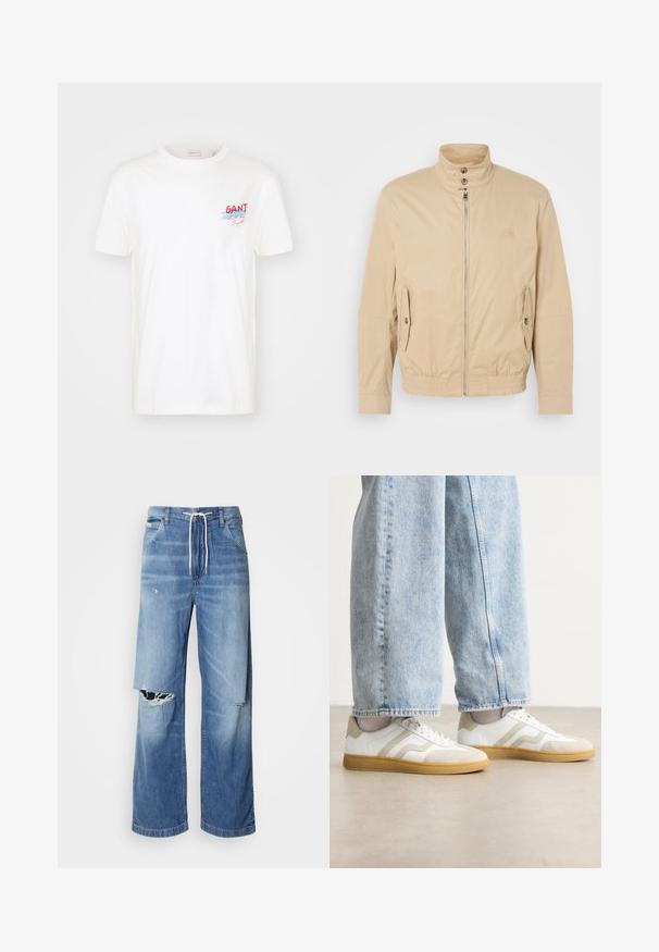 Béžová lehká bunda s vysokým límcem, předním zipem, bočními kapsami a elastickými manžetami. Texturovaná tkanina s jemným leskem.; Bílý bavlněný tričko s krátkým rukávem, kulatým výstřihem a barevným logem "GANT" s modrými a červenými akcenty na hrudi.; Světle modré džíny s volným střihem, vybavené bílým stahovacím pasem a výraznými roztrženinami na přední straně, které odhalují třepené okraje.; Bílé tenisky s béžovými semišovými akcenty a světlými gumovými podrážkami; mají nízký střih a strukturované detaily na svršku.