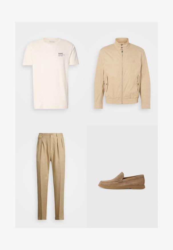 Bēša viegla jaka ar augstu apkakli, priekšējo rāvējslēdzēju, sānu kabatām un elastīgu aproču. Strukturēta auduma ar vieglu mirdzumu.; Krēmkrāsas kokvilnas T-kreklā ar apaļu kaklu, īsām piedurknēm un nelielu tumši zilo rakstu uz krūšu daļas, kas saka "GANT 32 EAST 39TH ST. NEW YORK."; Bēšas lina bikses ar taisnu griezumu, ar divām priekšējām krokām, pogu aizdari un sānu kabatām. Strukturēta auduma virsma ar gludu apdari.; Brūni zamšaini slīdneši ar gludu tekstūru un stitched detaļām; aprīkoti ar gumijas zoli, lai nodrošinātu saķeri.