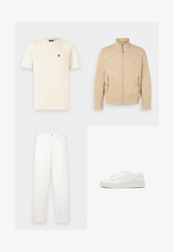 Vaaleanbeige kevyt takki, jossa on korkea kaulus, etuvetoketju, sivutaskut ja joustavat hihansuut. Pintarakenteinen kangas, jossa on hienovarainen kiilto.; Kermaankeltainen puuvillainen T-paita, jossa on pyöreä pääntie, lyhyet hihat ja vasemmassa rintataskussa pieni perhoskirjailu.; Valkeat housut, jotka on valmistettu sileästä kankaasta, suoran lahkeiden muotoilun, etupleettien ja vyötäröllä olevan yksittäisen nappikiinnityksen kanssa.; Valkoinen nahkakenkä, jossa on teksturoitu yläosa, pyöreä kärki, minimalistinen muotoilu ja kumipohja, jossa on ommeltu yksityiskohta.