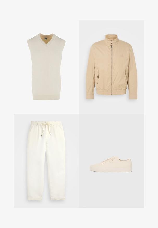 Béžová ľahká bunda s vysokým golierom, predným zipsom, bočnými vreckami a elastickými manžetami. Textúrovaná tkanina s jemným leskom.; Bezrukávový svetlý krémový sveter s výstrihom do V, vyrobený z mäkkej pleteniny. Má rebrovaný výstrih a spodný lem, s rovný strihom.; Svetlo krémové, voľné nohavice vyrobené z mäkkého materiálu. Majú elastický pás s šnúrkou a zúžený strih nohavíc.; Bežové plátnené tenisky s okrúhlou špičkou, plochou gumovou podrážkou a šnurovaním. Majú minimalistický dizajn a kontrastný čierny akcent na päte.