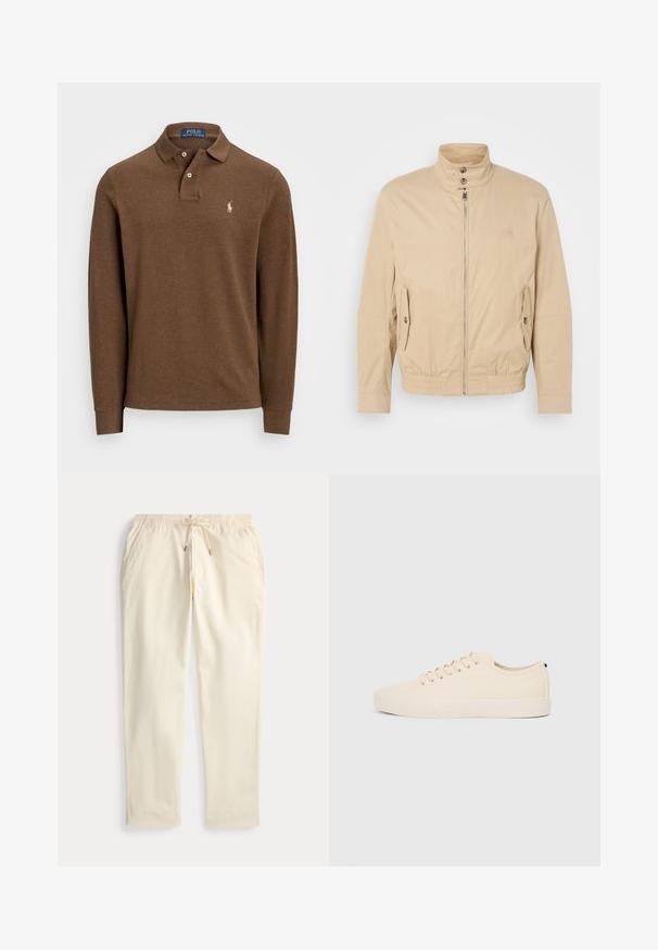 Beige lett jakke med høy krage, glidelås foran, sidelommer og elastiske mansjetter. Teksturert stoff med en subtil glans.; Brun langermet polo skjorte i myk fabric med spiss krage, to-knapps lukking og brodert logo på venstre bryst.; Kremfargede rettbente bukser med elastisk liv og snor, med lommer foran, lagt flatt på en hvit bakgrunn.; Beige lerretsko med rund tå, flat gummisåle og snøring foran. Har et minimalistisk design og en kontrasterende svart detalj ved hælen.