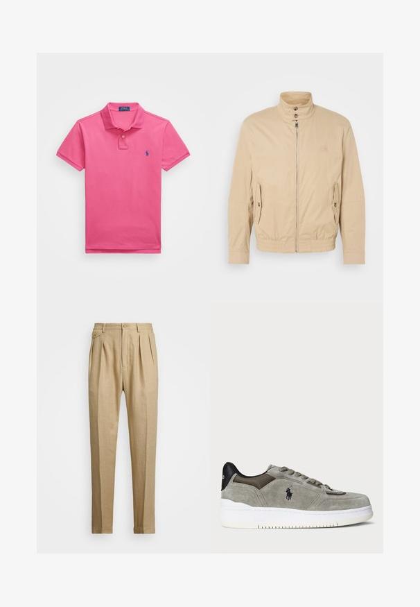 Bēša viegla jaka ar augstu apkakli, priekšējo rāvējslēdzēju, sānu kabatām un elastīgu aproču. Strukturēta auduma ar vieglu mirdzumu.; Rozā polo krekls, izgatavots no kokvilnas, īsām piedurknēm, ar apkakli, divu pogu slēgšanu. Ir izšūta zila emblēma kreisajā krūtī.; Bēšas lina bikses ar taisnu griezumu, ar divām priekšējām krokām, pogu aizdari un sānu kabatām. Strukturēta auduma virsma ar gludu apdari.; Pelēki zamša sporta apavi ar teksturētu virsu, kontrastējošu melnu papēdi, baltu zoli un izšūtu logotipu. Izmantošanai paredzētas šņorēšanas dizains ar sešām acīm.