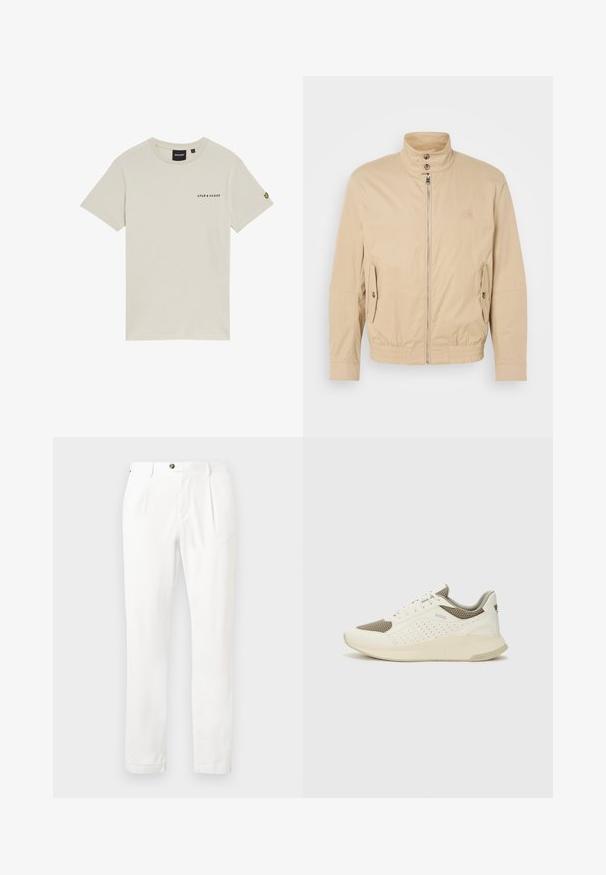 Bēša viegla jaka ar augstu apkakli, priekšējo rāvējslēdzēju, sānu kabatām un elastīgu aproču. Strukturēta auduma ar vieglu mirdzumu.; Bežs kokvilnas T-krekls ar apaļu kakla izgriezumu, īsām piedurknēm un nelielu "LYLE & SCOTT" logo drukātu uz krūtīm. Uz piedurknes ir izšūts logo.; Baltas bikses ar taisnu priekšpusi, divām krokām un pogu aizdari. Izgatavotas no viegla auduma, ar taisnām kājām un apvītām malām.; Baltas un gaiši bež sporta apavi, ar sieta augšdaļu, perforētiem detaļām un teksturētu vidusdaļu ar zīmolu uz papēža.