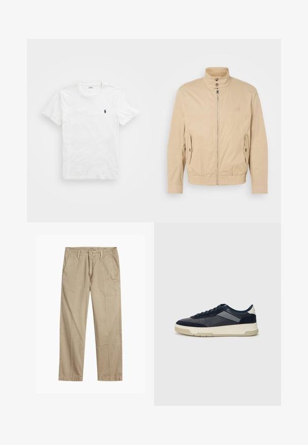 Šviesiai rudas lengvas paltas su aukštu apykakle, priekyje užtrauktuku, šoninėmis kišenėmis ir elastiniais rankogaliais. Textūruotas audinys su subtiliu blizgesiu.; Balta medvilninė marškinėliai su apvaliu kaklu, trumpomis rankovėmis ir mažu tamsiai mėlynu logotipu kairėje krūtinės pusėje. Lygus paviršius, kasdienis dizainas.; Bežiniai tiesaus kirpimo chinos kelnės su diržo kilputėmis, priekyje esančia mygtuko ir užtrauktuko uždarymo sistema, bei šoninėmis kišenėmis.; BOSS BALTIMORE - Sportbačiai - open blue