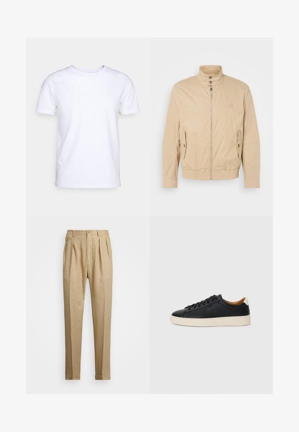 Jachetă ușoară bej, cu guler înalt, fermoar frontal, buzunare laterale și manșete elastice. Material texturat cu un luciu subtil.; Tricou alb cu mânecă scurtă din material de bumbac, cu guler rotund. Design simplu, fără tipare sau accente. Textură netedă.; Pantaloni din in bej cu croi drept, având două pliuri frontale, închidere cu nasture și buzunare laterale. Material texturat cu un finisaj neted.; Căști din piele neagră cu o textură netedă, talpă din cauciuc bej, design cu șireturi și un accent contrastant la călcâi.