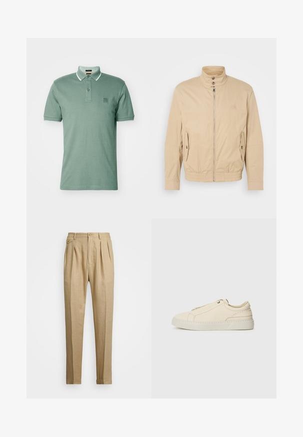 Jachetă ușoară bej, cu guler înalt, fermoar frontal, buzunare laterale și manșete elastice. Material texturat cu un luciu subtil.; BOSS PASSERTIP - Bluză polo - open green; Pantaloni din in bej cu croi drept, având două pliuri frontale, închidere cu nasture și buzunare laterale. Material texturat cu un finisaj neted.; Adidași din piele bej cu vârful rotunjit, design minimalist, detalii subtile de cusătură și un superior texturat, pe o talpă deschisă.
