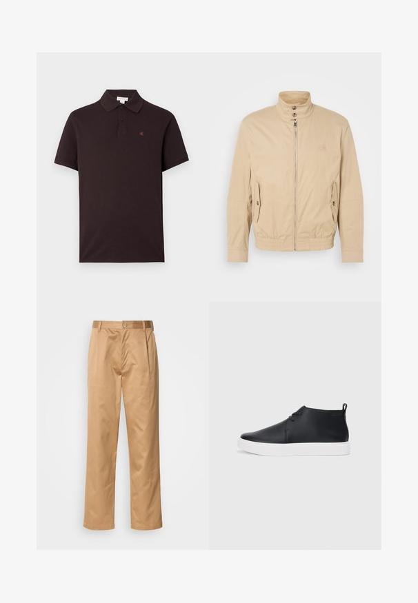 Beige, könnyű dzseki magas gallérral, elülső cipzárral, oldalsó zsebekkel és elastikus mandzsettákkal. Struktúrált anyag finom fényességgel.; Fekete pamut poló klasszikus gallérral, két gombbal és egy kis piros logóval a mellkason. Rövid ujjú, sima tapintású.; Khaki nadrág, pamut keverék, egyenes szabású, elülső redők, övtartók és gombos zárás. Simább textúra minták nélkül.; Fekete bőr magas szárú sneakers, sima felülettel, fehér gumi talppal és egyszerű, fűzős dizájnnal. Hátul húzófül található.