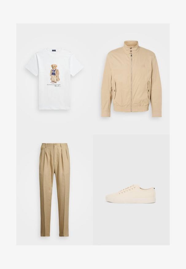 Beige lett jakke med høy krage, glidelås foran, sidelommer og elastiske mansjetter. Teksturert stoff med en subtil glans.; Hvit bomull t-skjorte med et tegneserie-bjørn i solbriller, iført blazer og en lilla "Polo" genser. Inkluderer signatur under designet.; Beige linbukser med rett snitt, med to frontfold, knappeåpning og sidelommer. Teksturt stoff med en glatt finish.; Beige lerretsko med rund tå, flat gummisåle og snøring foran. Har et minimalistisk design og en kontrasterende svart detalj ved hælen.