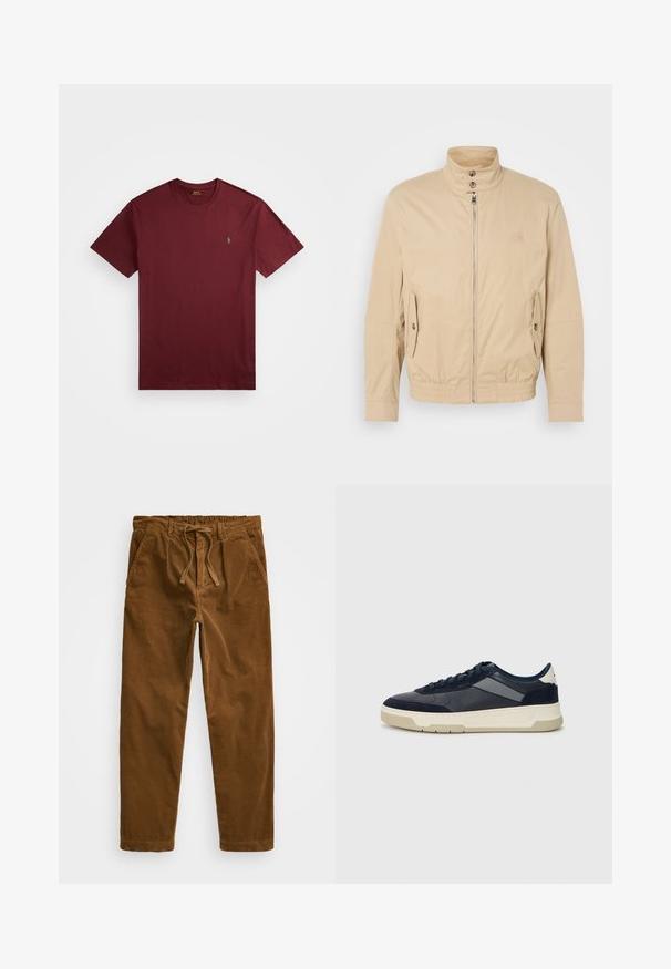 Bēša viegla jaka ar augstu apkakli, priekšējo rāvējslēdzēju, sānu kabatām un elastīgu aproču. Strukturēta auduma ar vieglu mirdzumu.; Bordo kokvilnas t-krekls ar īsām piedurknēm, apaļo kakla izgriezumu un mazu zaļu logo, izšūtu kreisajā krūtī. Gluda tekstūra.; Brūni korduroja bikses ar elastīgu jostu un auklu, sānu kabatām un taisnām kājām ar teksturētu ribinājumu.; BOSS BALTIMORE - Sporta apavi - open blue
