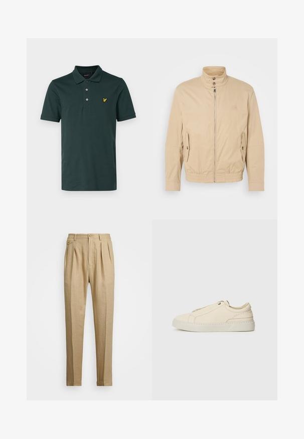 Béžová ľahká bunda s vysokým golierom, predným zipsom, bočnými vreckami a elastickými manžetami. Textúrovaná tkanina s jemným leskom.; Lyle & Scott Polokošeľa - argyle teal; Bežové ľanové nohavice so strihaním do rovna, so 'dvoma prednými záhybmi, s gombíkovým zapínaním a bočnými vreckami. Textúrovaná látka s hladkým povrchom.; Beige kožené tenisky s okrúhlou špičkou, minimalistickým dizajnom, jemnými švy a textúrovaným povrchom, na svetlej podrážke.