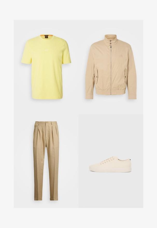 Beige kergest jakist kõrge kraega, ees lukuga, külgedel taskud ja elastsete mansettidega. Tekstuuriga kangas, millel on õrn kuma.; BOSS TCHUP - Lihtne T-särk - yellow seventeen; Bežid linasest püksid sirge lõikega, kahel esisel peenral, nööbiga kinnitamisel ja küljetaskutega. Tekstuuritud kangas sileda viimistlusega.; Beige kangastossud ümmarguse ninaga, tasase kummist lõhenemisega ja nööridega ees. Omab minimaalset disaini ja kontrastset musta aktsenti kanna piirkonnas.