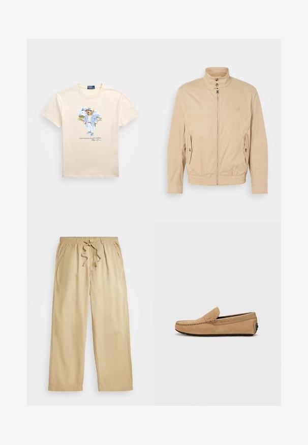 Ανοιχτόχρωμο ελαφρύ μπουφάν με ψηλό γιακά, μπροστινό φερμουάρ, πλαϊνές τσέπες και ελαστικές μανσέτες. Υφή υφάσματος με διακριτική γυαλάδα.; Κρέμα βαμβακερό μπλουζάκι με πολύχρωμο γραφικό ενός αρκούδου σε μπλε ένδυμα, με το κείμενο "Polo Bear by Ralph Lauren" από κάτω. Κοντά μανίκια.; Μπεζ παντελόνι με κορδόνι στη μέση, ελαστική μέση, φαρδιά πόδια, δύο πλευρικές τσέπες και ραμμένες λεπτομέρειες στο στρίφωμα. Μάλακο, ελαφρύ ύφασμα.; Μπεζ σουέτ μοκασίνι με ραμμένη μύτη, σχέδιο slip-on και μαύρη καουτσούκ σόλα. Έχει διακριτική σήμανση στο πλάι.