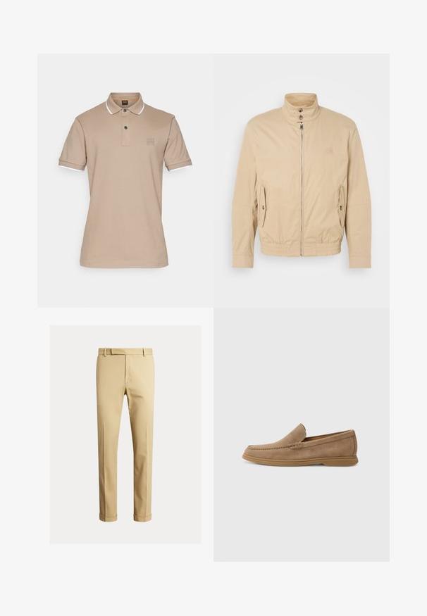 Bēša viegla jaka ar augstu apkakli, priekšējo rāvējslēdzēju, sānu kabatām un elastīgu aproču. Strukturēta auduma ar vieglu mirdzumu.; BOSS PASSERTIP - Polo krekls - open brown; Khaki chinos, kas izgatavoti no gludas kokvilnas auduma, ar pieguļošu dizainu, priekšējām krokām un elastīgiem galiem pie potītēm, nodrošinot sašaurinātu izskatu.; Brūni zamšaini slīdneši ar gludu tekstūru un stitched detaļām; aprīkoti ar gumijas zoli, lai nodrošinātu saķeri.