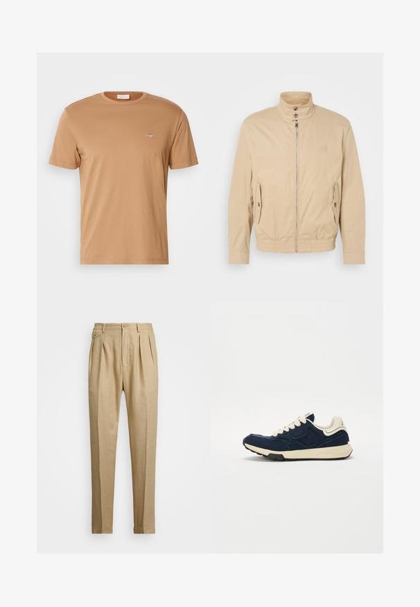 Jachetă ușoară bej, cu guler înalt, fermoar frontal, buzunare laterale și manșete elastice. Material texturat cu un luciu subtil.; GANT PRINTED ARCHIVE SHIELD - Tricou basic - roasted walnut; Pantaloni din in bej cu croi drept, având două pliuri frontale, închidere cu nasture și buzunare laterale. Material texturat cu un finisaj neted.; Tenis navy blue cu un upper din suede texturat, șireturi crem și o talpă intermediară bej. Prezentă un design athletic clasic și talpă din cauciuc.