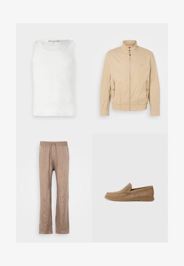 Beige letvægtsjakke med høj krave, frontlynlås, sidelommer og elastiske manchetter. Struktureret stof med en subtil glans.; Hvid bomulds tanktop med rund udskæring og ærmeløs design. Har en ribbet tekstur og en lige kant i bunden.; Lysebrune, bukser med brede ben lavet af glat stof, med en elastisk talje og snoretræk samt to frontfald.; Brune ruskinds slip-on loafers med en glat overflade og broderede detaljer; har en gummisål for godt fodfæste.