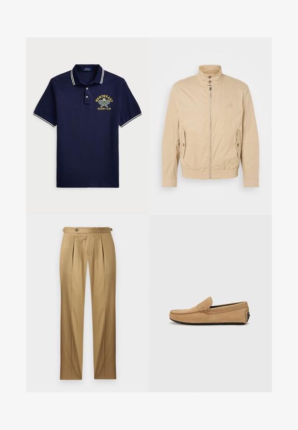 Beige lett jakke med høy krage, glidelås foran, sidelommer og elastiske mansjetter. Teksturert stoff med en subtil glans.; Marineblå polo-shirt med tre-knaps placket, hvitstripet krage og "NORTHEAST RACQUET CLUB" brodert i gult med tennisgrafikk.; Beige bukser med rett passform, med folder, knappestenging og beltehemper. Glatt stoff med et rent, skreddersydd utseende.; Beige semsket moccasins med sydd tå, slip-on design og svart gummisåle. Har subtil merking på siden.