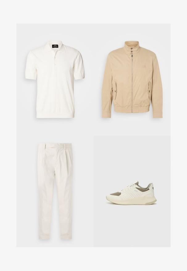 Beige letvægtsjakke med høj krave, frontlynlås, sidelommer og elastiske manchetter. Struktureret stof med en subtil glans.; Kortærmet polo-shirt i off-white bomuld, med klassisk krave og tre-knaps lukning, der har en glat og blød tekstur.; Hvide, plisserede bukser med en skræddersyet pasform, der har en glat overflade, bæltestropper og smalnede ben. Ingen synlige lommer eller mønstre.; Hvide og lyse beige sportssko med en mesh-overdel, perforerede detaljer og en tekstureret mellemsål med branding på hælen.
