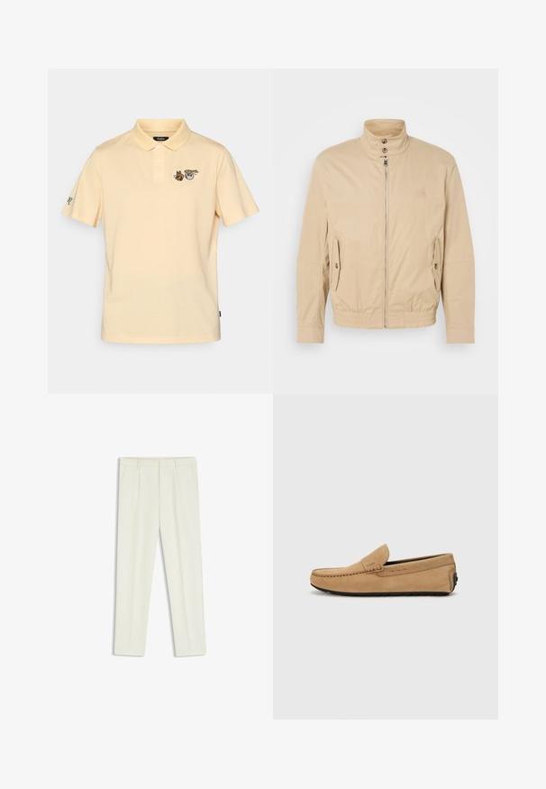 Vaaleanbeige kevyt takki, jossa on korkea kaulus, etuvetoketju, sivutaskut ja joustavat hihansuut. Pintarakenteinen kangas, jossa on hienovarainen kiilto.; Vaaleankeltainen polo-paita, jossa on lyhyet hihat, kolme nappia edessä ja brodeerattuja eläinkuvastoja rinnassa ja hihassa.; Valkoiset räätälöidyt housut, joissa on sileä pinta, etupleitsit, kaksi sivutaskua ja suora lahjerakenne.; Beige mokasínikengät, joissa on ommeltu varvas, liukupohjainen muotoilu ja musta kumipohja. Sivussa hienovarainen brändäys.