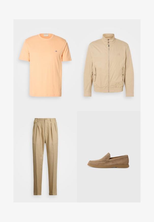 Beige, könnyű dzseki magas gallérral, elülső cipzárral, oldalsó zsebekkel és elastikus mandzsettákkal. Struktúrált anyag finom fényességgel.; Rövid ujjú póló világos őszibarack színű pamutból, kicsi kék logóval a mellrészen. Kerek nyakú, sima tapintású.; Beige vászon nadrág egyenes szabással, két első redővel, gombos záródással és oldalzsebekkel. Tömör textúrájú anyag sima felülettel.; Barna velúr slip-on loaferek sima felülettel és varrott részletezéssel; gumitalppal a tapadás érdekében.